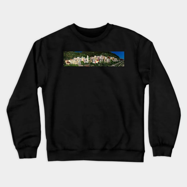 Panorama of the cliff town of Manarola, one of the colorful Cinque Terre on the Italian west coast Crewneck Sweatshirt by Dolfilms